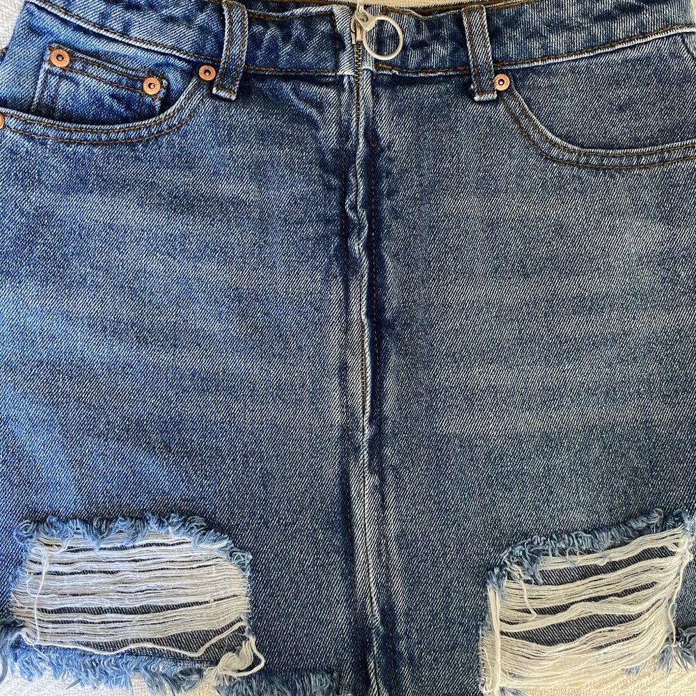 Blue Distressed Denim Zip Up Skirt
